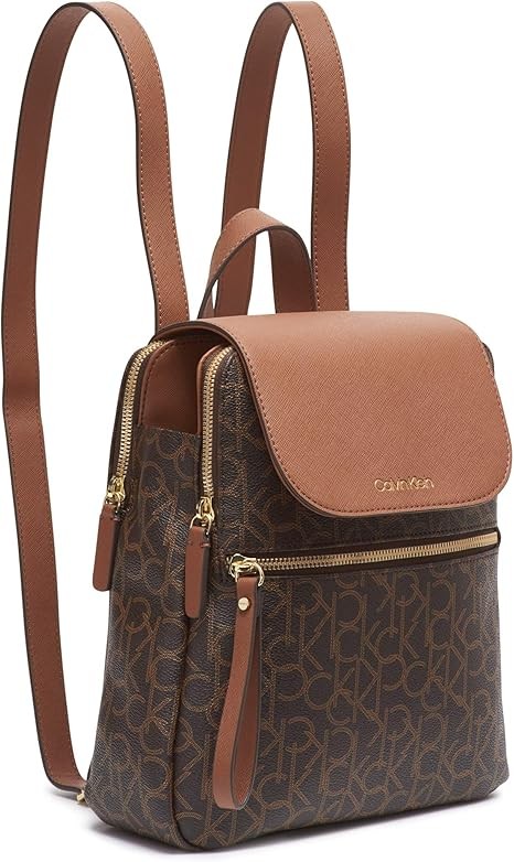 Calvin Klein Women's Elaine Signature Key Item Flap Backpack, Brown/Khaki/Luggage Saffiano, One Size