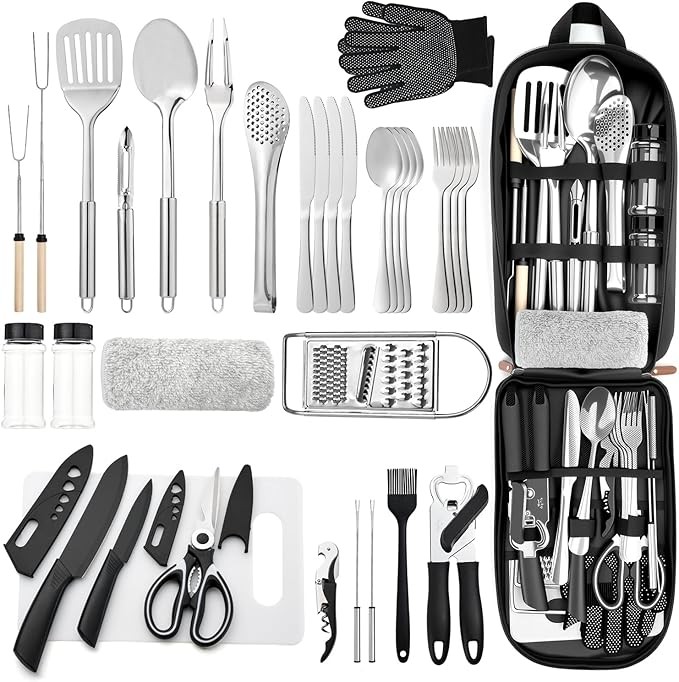 Portable Camping Kitchen Utensil 34 Pcs Set- Cookware Kit, Stainless Steel Outdoor Cooking and Grilling Utensil Organizer Travel Set Perfect for Travel, Picnics, RVs, Camping, BBQs, Parties