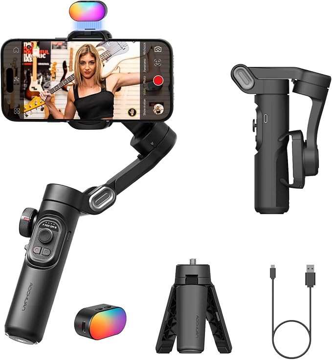 AOCHUAN Gimbal stabilizer for Smartphone,Gesture Control/face Tracking,Magnetic Fill Light,Foldable Handheld Phone Gimbal,3-axis stabilizer TikTok YouTube Vlog Recording XE kit