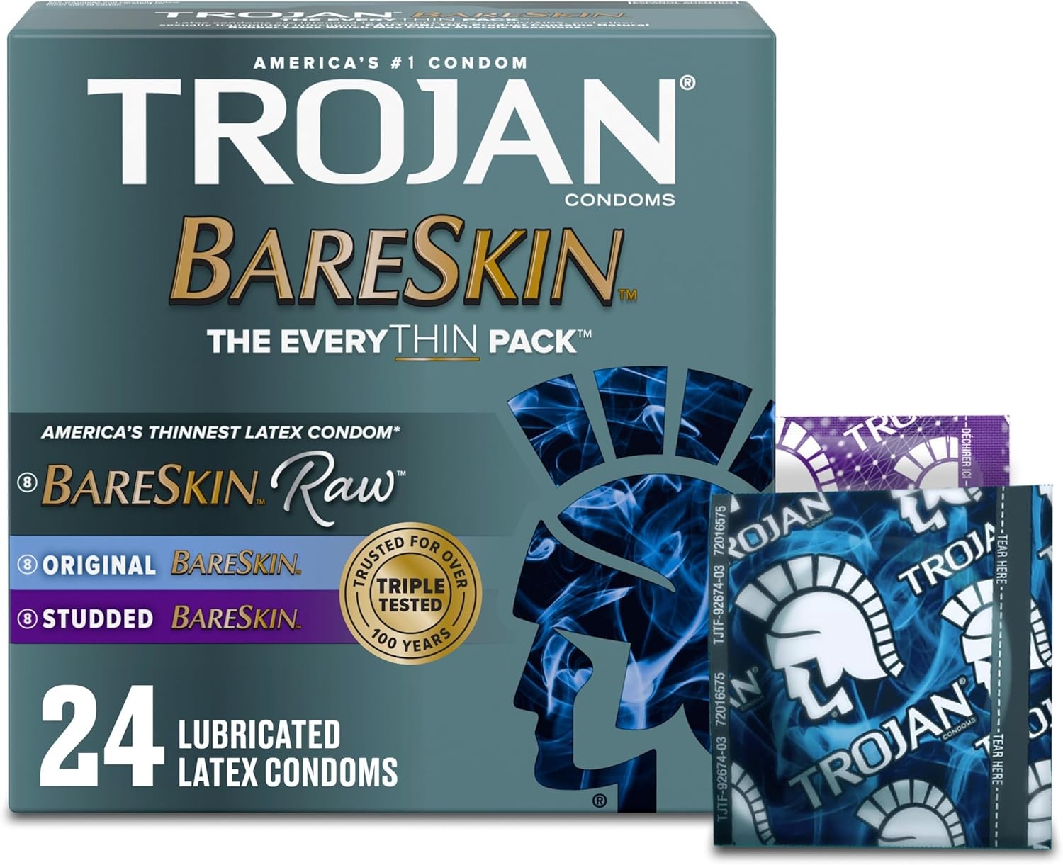 TROJAN BareSkin Condoms, Everythin Variety Pack, Lubricated Latex BareSkin Thin Condom, 24 Count