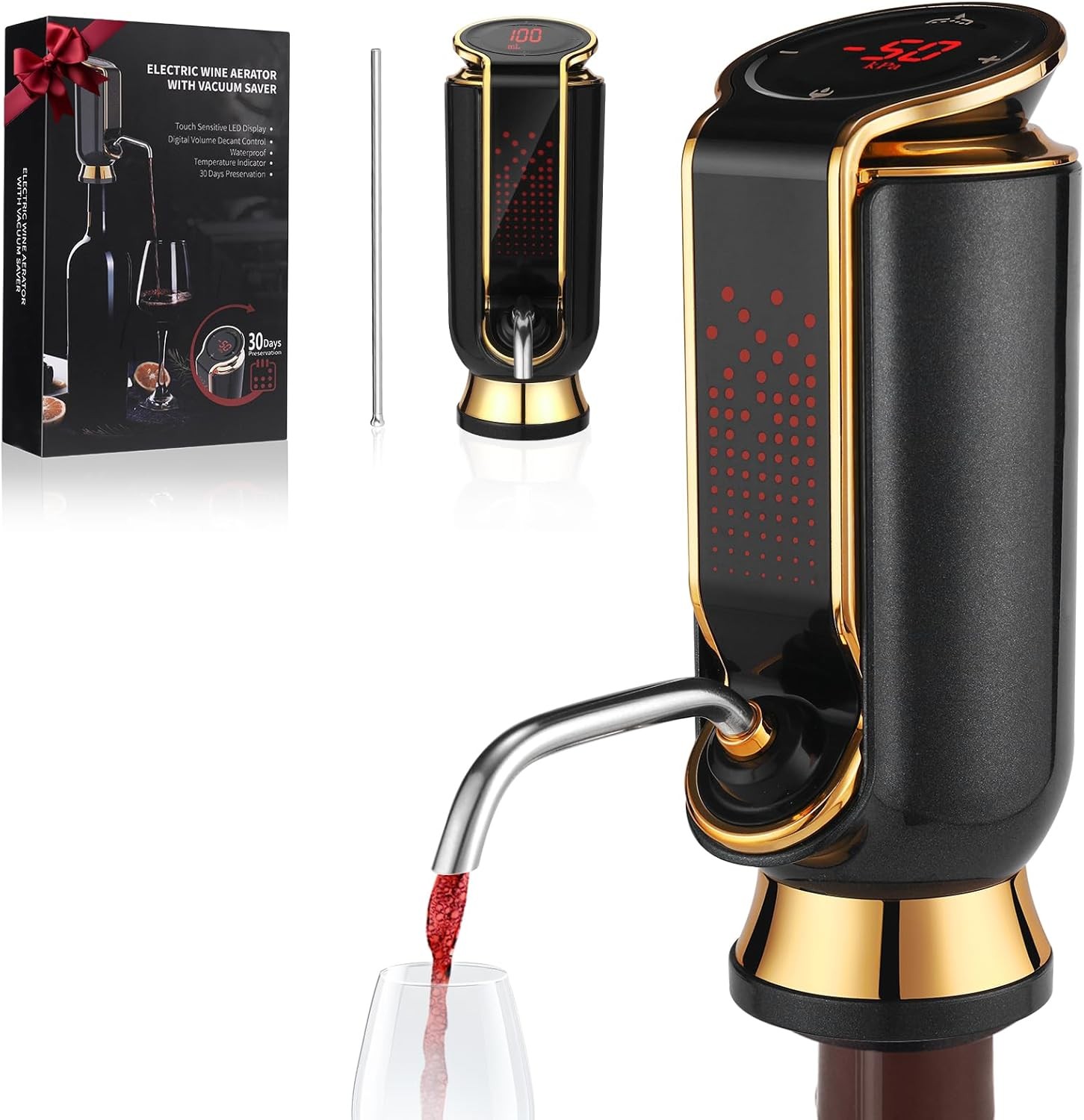 Luxurious 4-in-1 Electric Wine Aerator, Decanter, Dispenser & Vacuum Saver with LED Display - Wine Pourer Gift for Women and Wine Lovers
