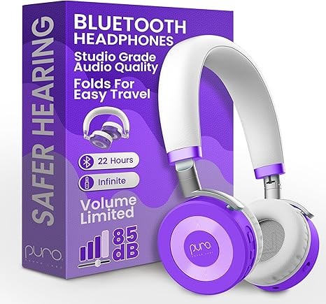 Puro Sound Labs JuniorJam Plus Volume-Limiting Wireless Bluetooth Headphones for Kids, Secure Audio with Adjustable On-Ear Design, 22-Hour Battery, Ideal for Tablets, Smartphones & PCs - Purple