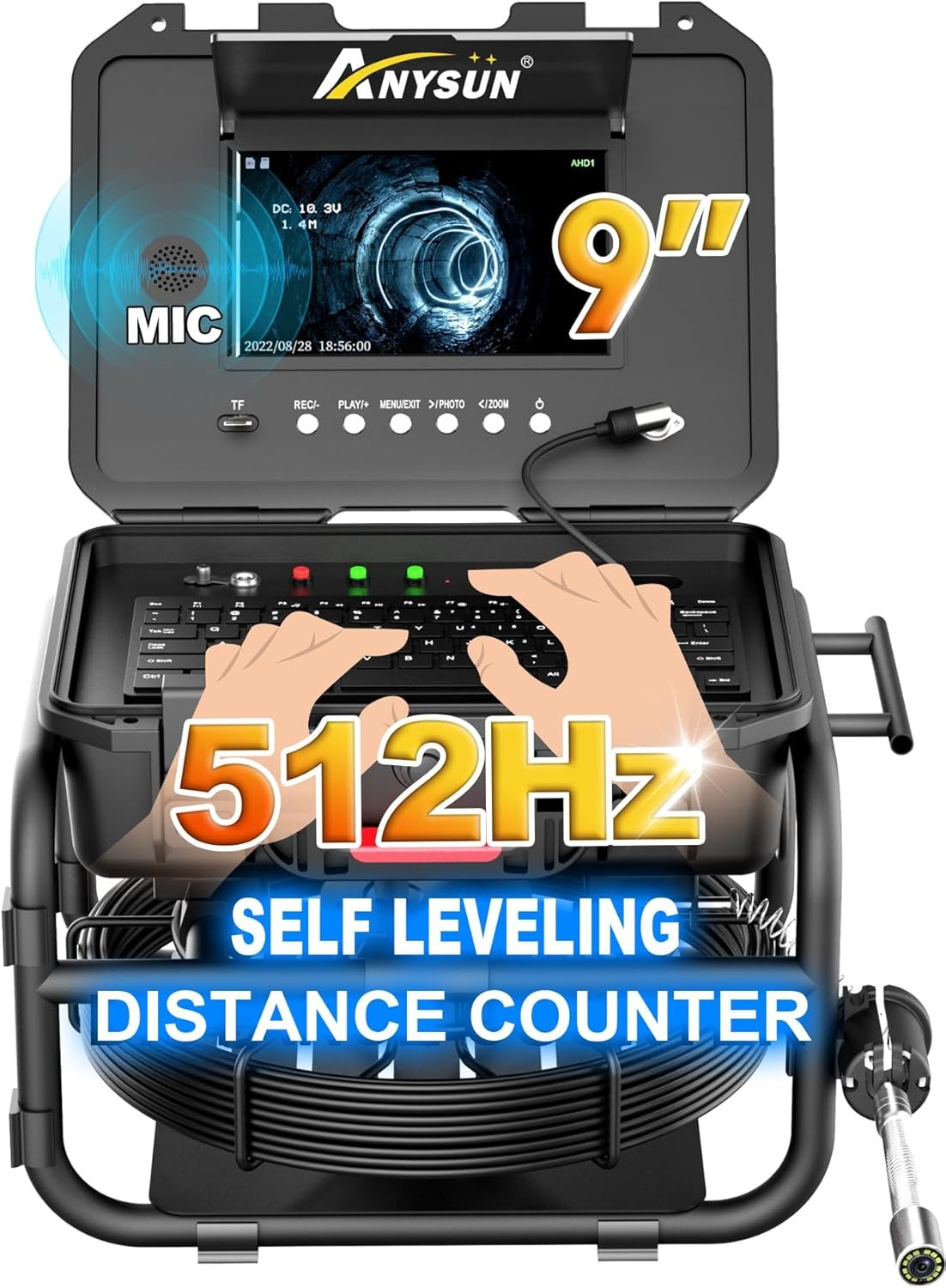 Anysun All-in-1 Sewer Camera - 512Hz, Distance Counter, Self-Leveling, 1-Touch Video/Audio, 165Ft Pipe Inspection Camera with 9" 1080P Screen, IP68 Industrial Borescope, 16GB