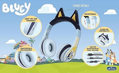 eKids Bluey Bluetooth Headphones for Kids, Wireless Headphones with Microphone Includes Aux Cord, Earphones for School, Home, or Travel, Ideal Bluey Halloween Costume